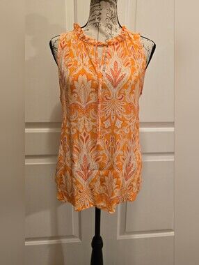 LOFT Orange Paisley Sleeveless Tie-Neck Top Small
